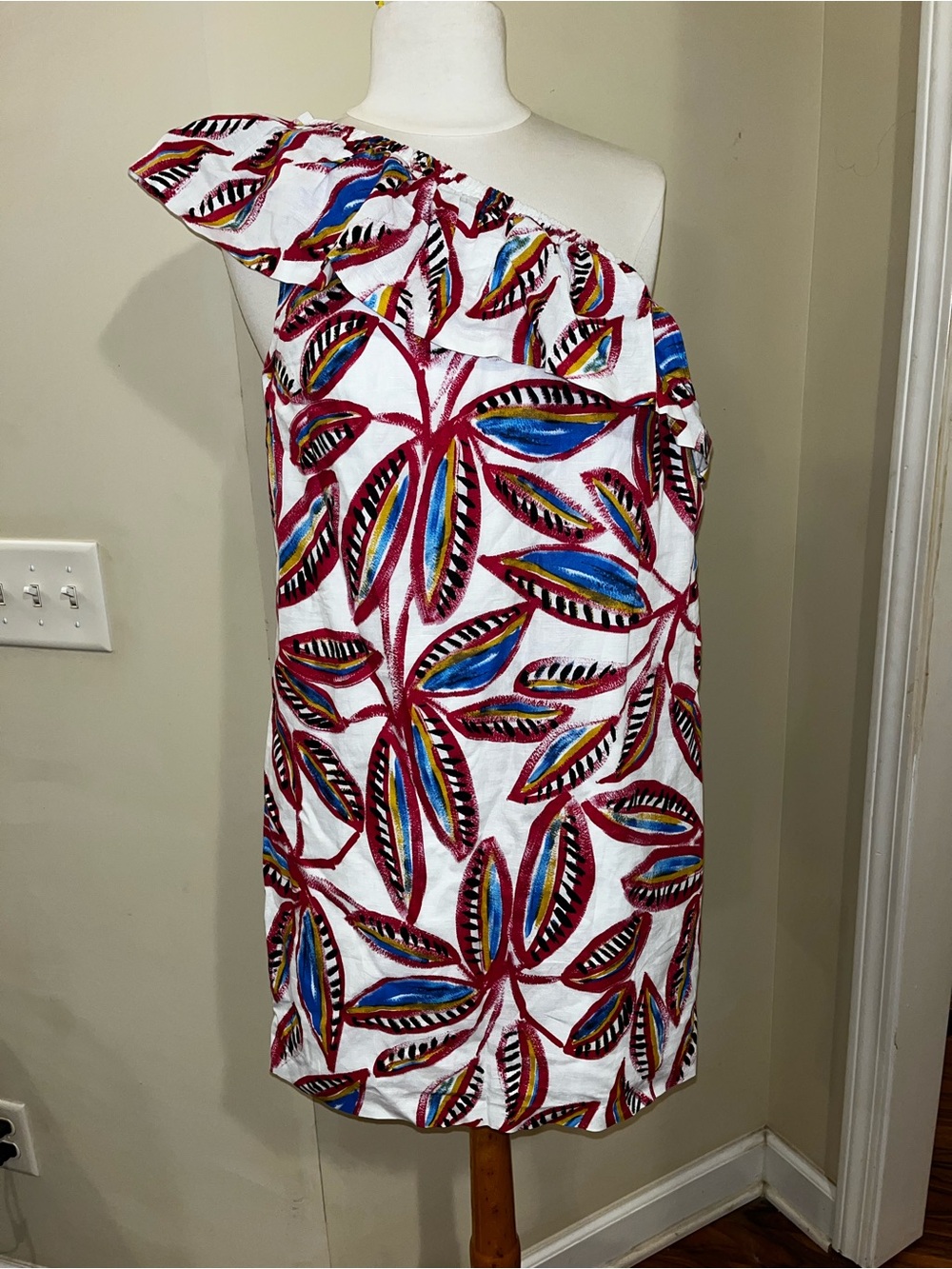 NWT JCrew One-Shoulder White Tropical Print Dress with Ruffle